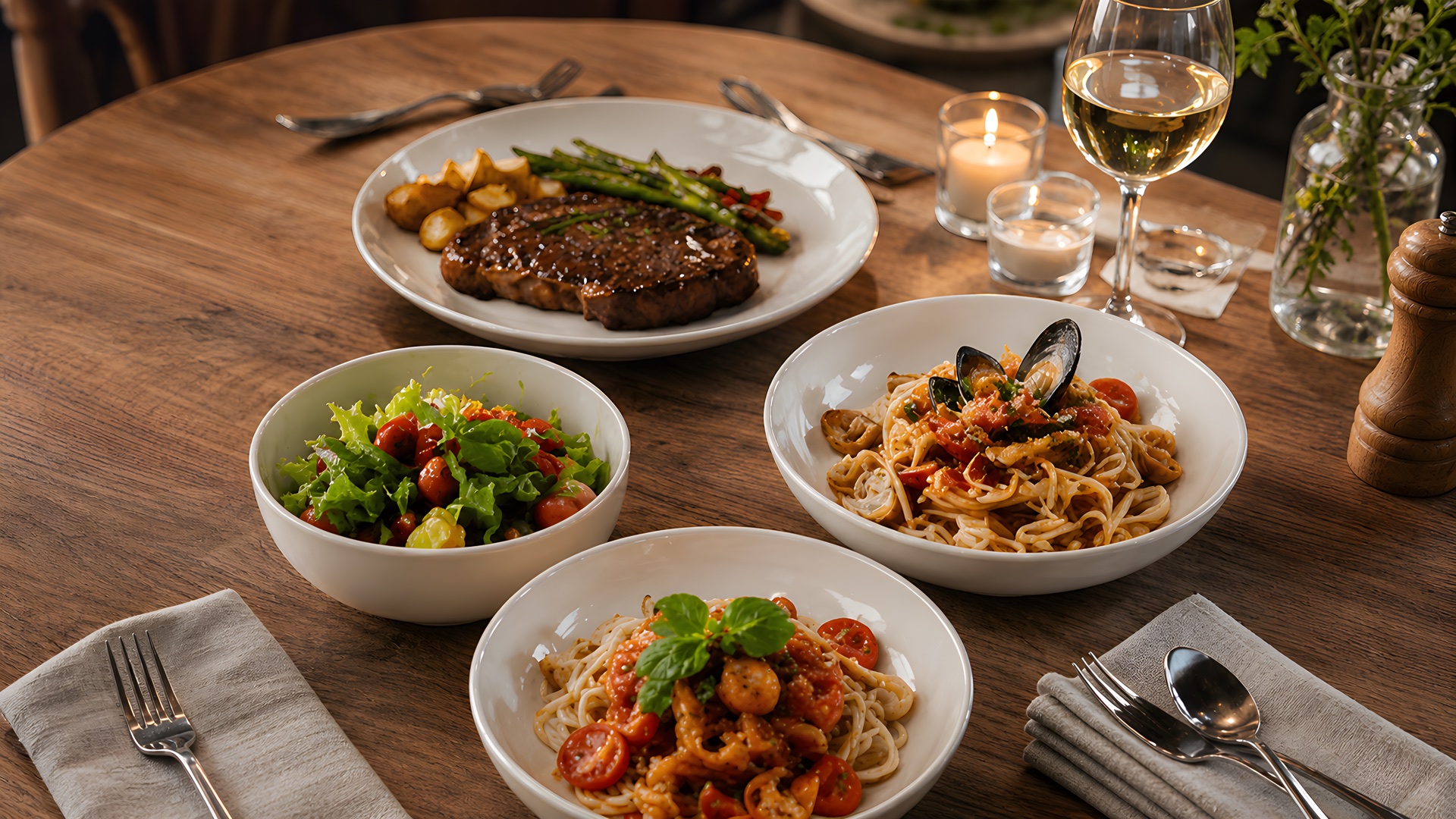 Family dinner with pasta, salad, and steak served in white dinnerware