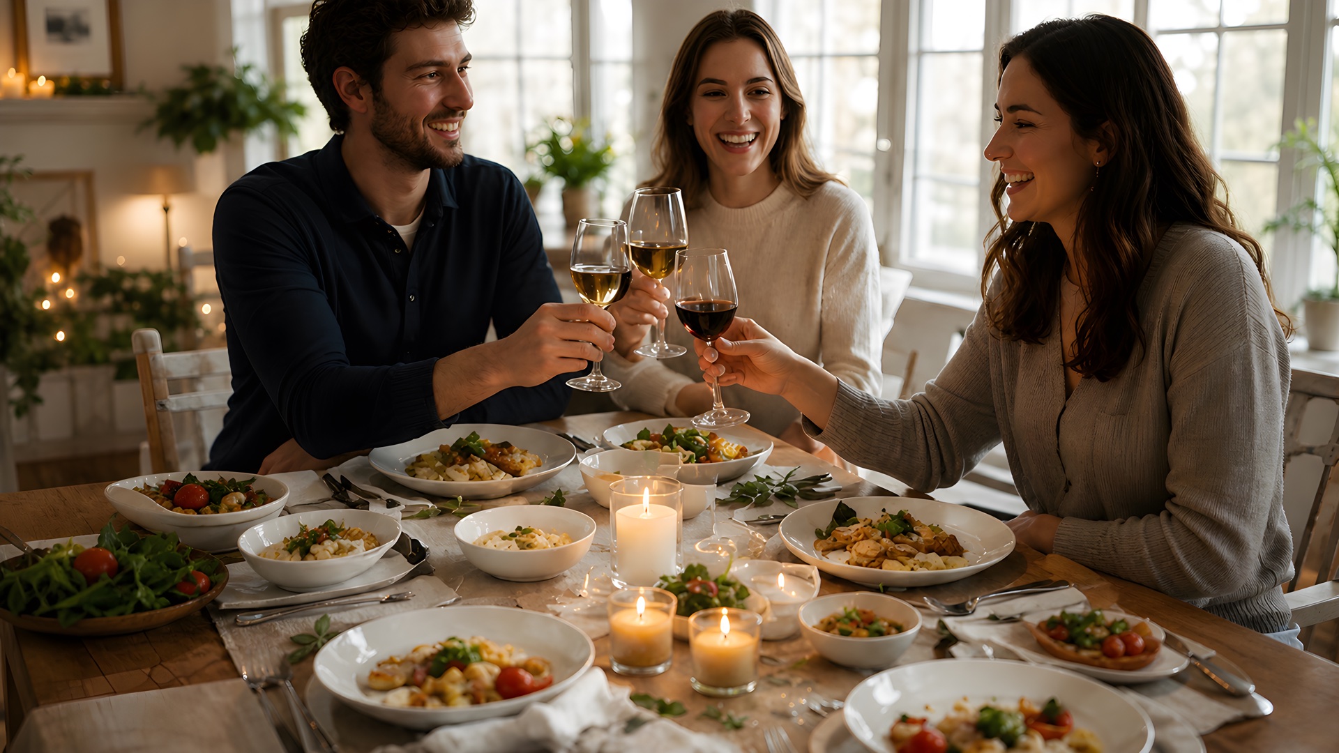 Friends sharing a joyful meal around a table set with white dinnerware