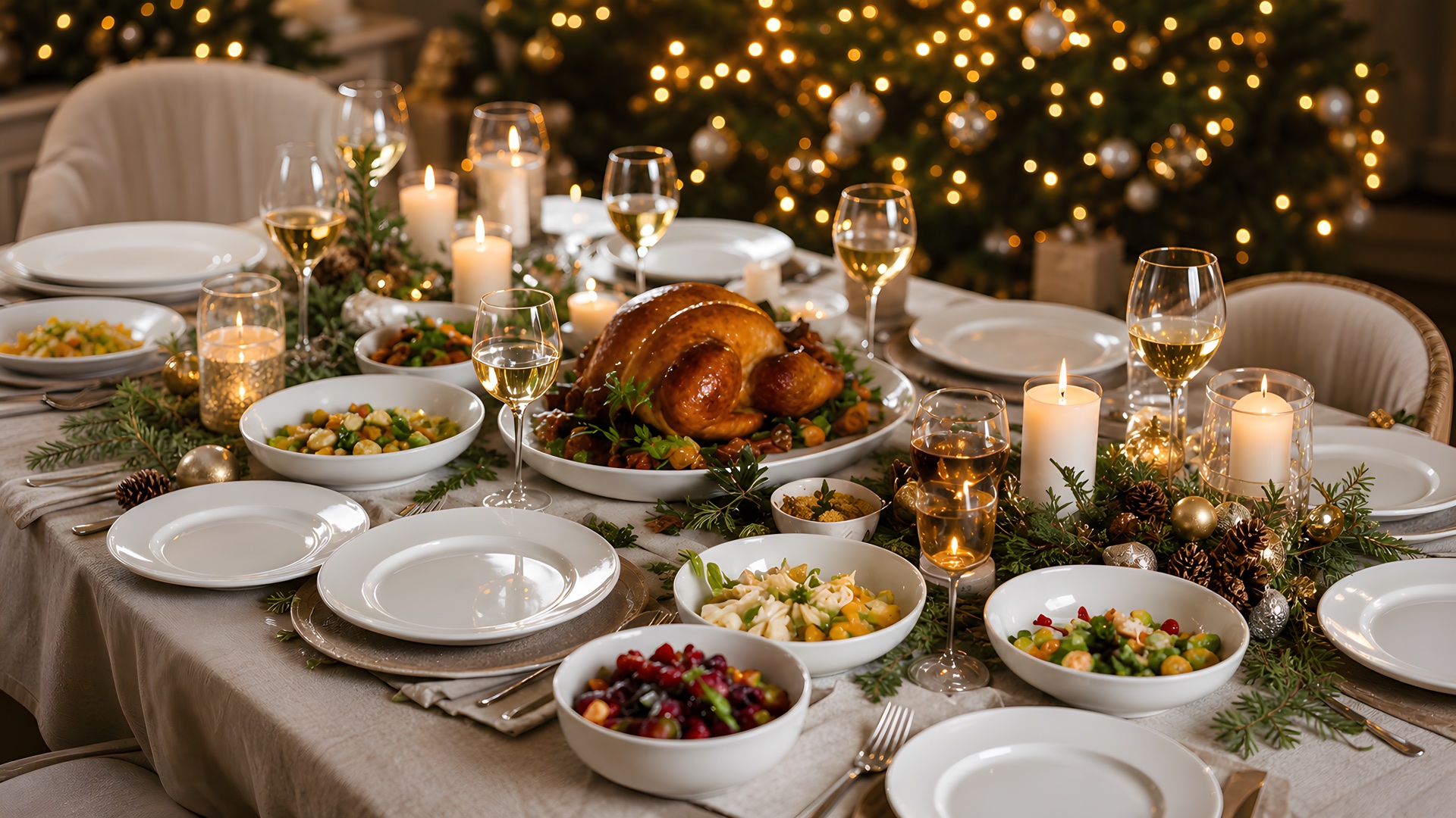 Holiday gathering table with white dinnerware, candles, and festive greenery