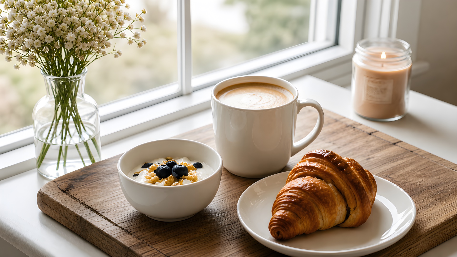 Morning coffee with a white cup, breakfast bowl, and croissants by a bright window