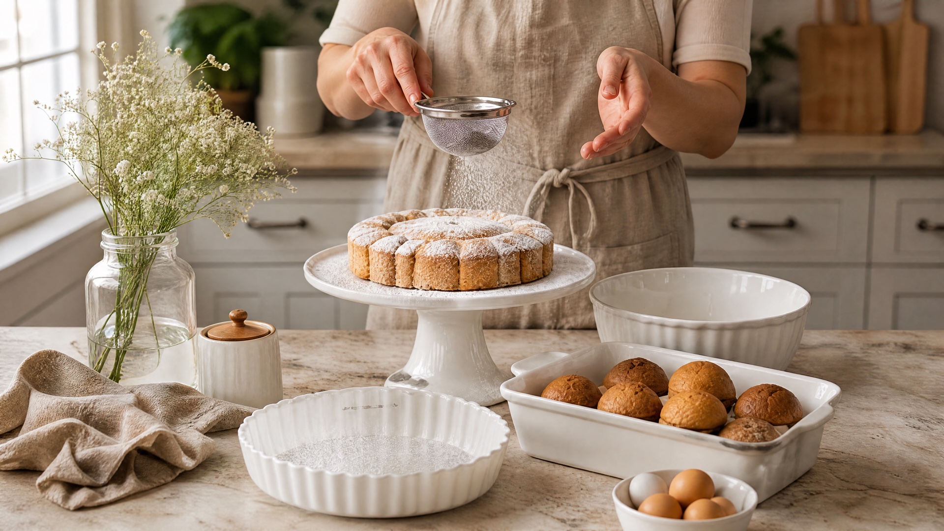 Sunday baking scene with cakes and white bakeware in a warm kitchen