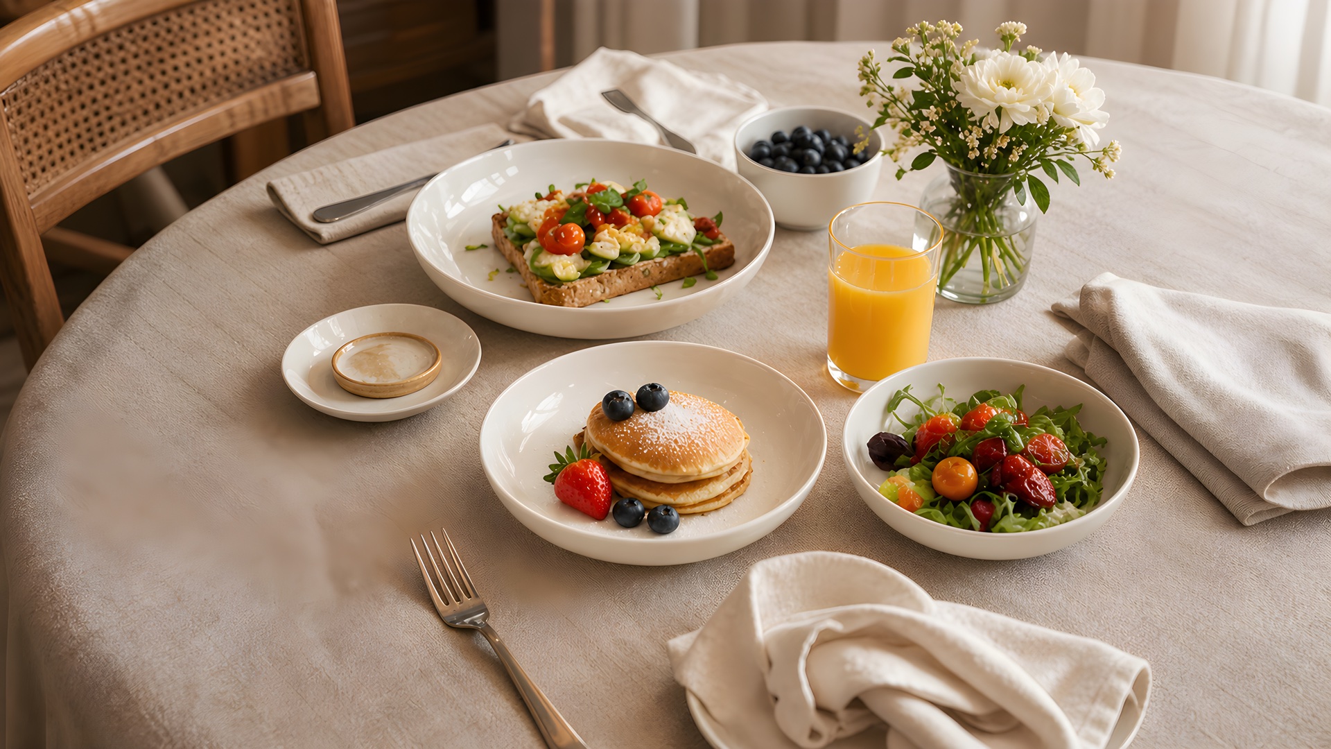 Weekend brunch served in white bowls and plates on a warm neutral table
