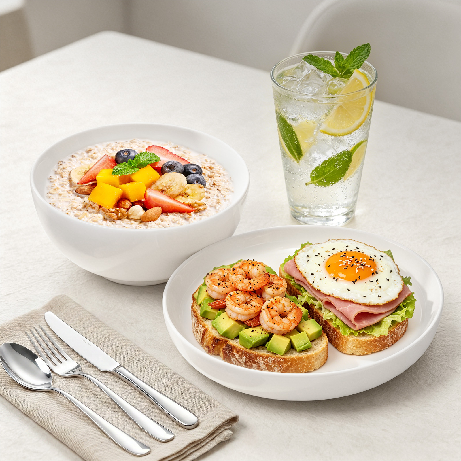 Breakfast served in MOONLIT white dinnerware