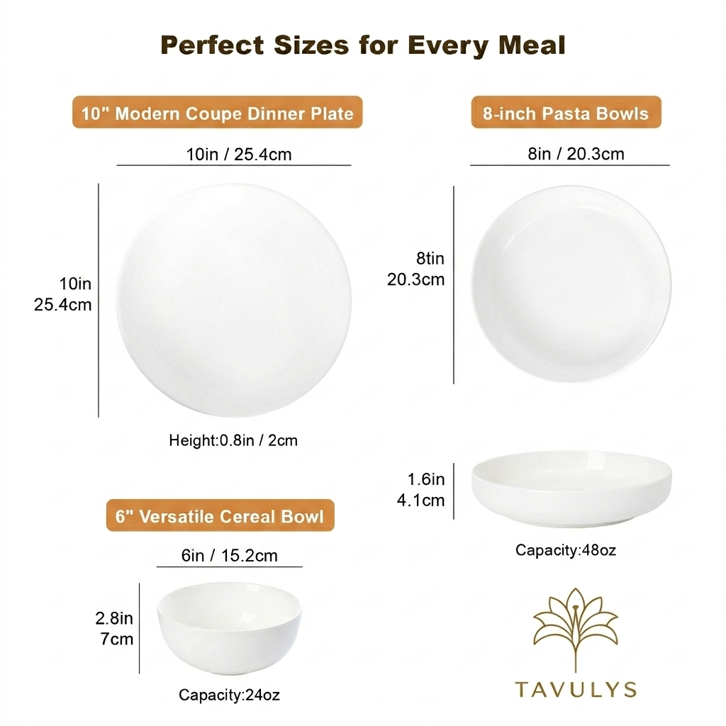 Size guide for the MOONLIT dinner plate, pasta bowl, and multipurpose bowl